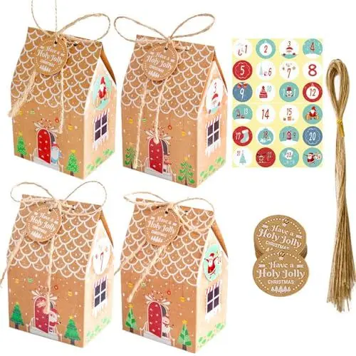 Produktbild: 24 Stück Weihnachten Geschenkbox Etikett Hanfseil Geschenkschachtel Adventskalender Kraftpapier Häuschen Geschenkboxen für Süßigkeiten Schokolade Keksen Geschenke Geschenktüten Geschenkverpackung