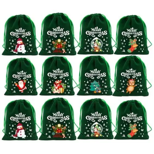 Produktbild: 24 Stück Weihnachts Beutel mit Kordelzug, Jutebeutel Weihnachts Adventskalender Säckchen Taschen für Süßigkeiten (Grün)