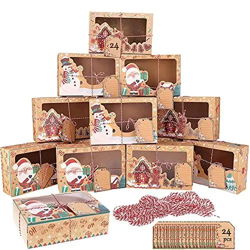 Produktbild: 24 Stück Weihnachts Kekskästen Boxen, Weihnachten Kraft Geschenkboxen mit Sichtfenster + 24 Weihnachtsbänder und Geschenkanhänger, für Backen Kekse Schokolade Süßigkeiten Donut (22 x 15 x 7 cm) (L)