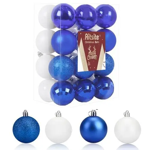 Produktbild: 24 Stück Weihnachtskugeln Weiß/Blau, 6CM Christbaumkugeln Kunststoff Bruchsicher Weihnachtsbaumkugeln Christbaumschmuck Christbaumkugeln für Weihnachtsbaum Neujahr Festival Ornamente