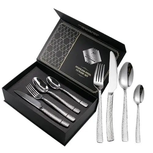 Produktbild: 24 Teiliges Gehämmertes Besteckset – Edelstahl Messer Gabel Löffel Essbesteck Set für 6 Personen, Modernes Silberbesteck für Zuhause/Restaurant/Party