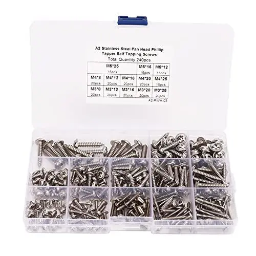 Produktbild: 240 PCS Standard-Kreuzschlitz-Flachkopfschrauben-Set 304 Edelstahl-Blechschrauben für Bau und Reparatur