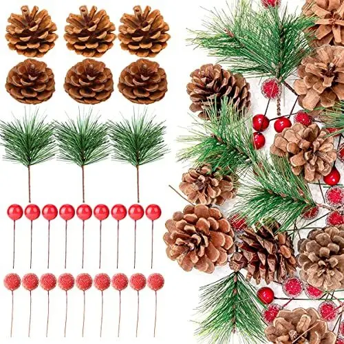 Produktbild: MEIYIFAN 240 Stücke Weihnachtskranz Zubehör,Rot Holly Beeren Weihnachten Dekoration, Weihnachten Kiefer Nadeln Faux Grüne Kiefern Picks,für DIY Girlande Schlafzimmer Wand Tür Deko