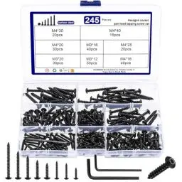 Produktbild: 245 Stk M3 M4 Holzschrauben Set, Selbstschneidende Schrauben Sortiment Set, Linsenkopfschrauben Innensechskantschrauben, Rundkopfschrauben, Sechskantschrauben für DIY Reparatur