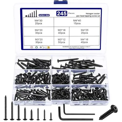 Produktbild: 245 Stk M3 M4 Holzschrauben Set, Selbstschneidende Schrauben Sortiment Set, Linsenkopfschrauben Innensechskantschrauben, Rundkopfschrauben, Sechskantschrauben für DIY Reparatur
