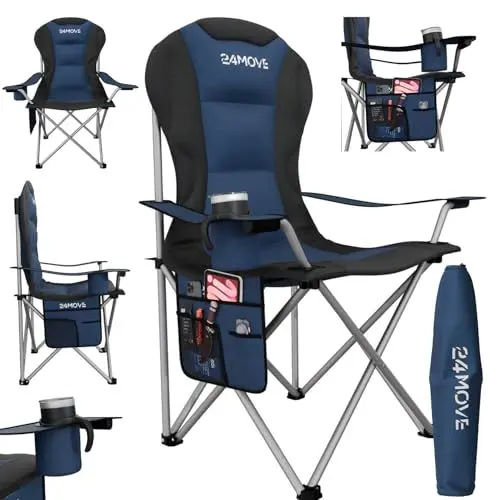 Produktbild: 24MOVE® Campingstuhl faltbar bis 150 kg, Faltstuhl Angelstuhl Klappstuhl Gepolstert mit Armlehnen, Getränkehalter + Tasche mit hoher Rückenlehne, Strandstuhl, Klapphocker, blau