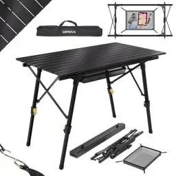 Produktbild: 24MOVE® Campingtisch Klapptisch mit Aluminiumrahmen, Tischplatte aufrollbar, Falttisch klappbar, höhenverstellbar, inkl. Tragetasche - bis 30 kg, Anthrazitgrau