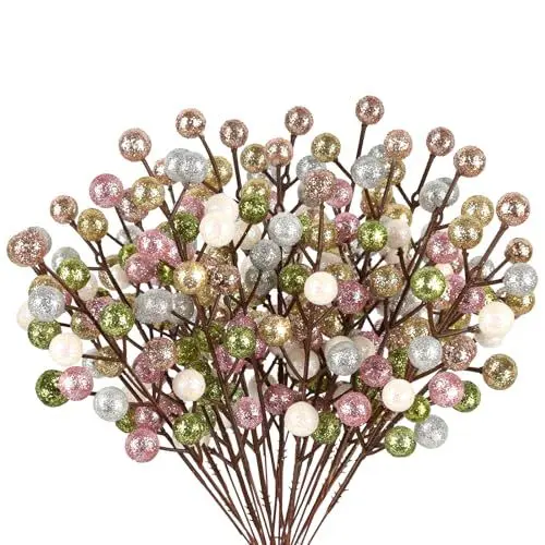 Produktbild: 24Pack Glitter Bunt Beeren Stiele, Künstliche Holly Beeren Zweige Deko Weihnachten für Christbaumschmuck Weihnachtsdeko AdventskranzWeihnachtsgirlande Weihnachtskranz Türkranz Weihnachten Ornamente