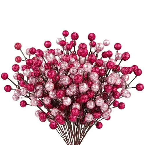 Produktbild: 24Pack Glitter Magenta Rosa Beeren Stiele, Künstliche Holly Beeren Zweige Deko Weihnachten für Christbaumschmuck Weihnachtsdeko Adventskranz Deko Weihnachtsgirlande Türkranz Weihnachten Ornamente