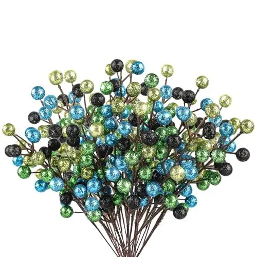 Produktbild: 24Pack Glitter Schwarz Blau Grün Beeren Stiele, Künstliche Holly Beeren Zweige Deko Weihnachten für Christbaumschmuck Weihnachtsdeko Adventskranz Deko Weihnachtsgirlande Türkranz Weihnachten Ornamente