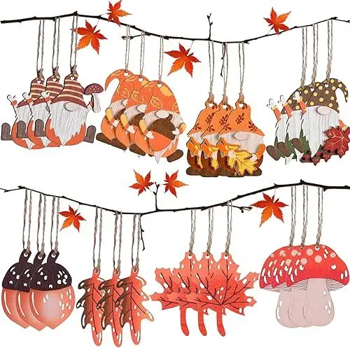Produktbild: 24Pcs Anhänger Herbst Dekoration, Herbstdeko Innen/Draußen, Deko Anhänger Herbst mit 10m Seil, Thanksgiving Deko, Holz Ahornblatt Anhänger für Herbst und Erntedankdekorationen