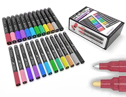 Produktbild: 24-teiliges acrylstifte für steine wasserfest, spezielle Farbserie für Steinmalerei, Kieselsteine, Kunststoff, Leinwand, Glasbecher. Blickdicht, auf Wasserbasis, schnell trocknend (GLITZERN)