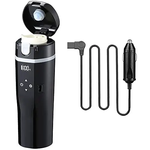 Produktbild: 24V/12V Reise-Elektrischer Wasserkocher für Auto/LKW, 480ml Heizbecher mit Anti-Verschüttungsdeckel, auslaufsicher, 304 Edelstahl-Liner, tragbare Kaffee-Teetasse bis zu 100℃ variable Temp Thermos