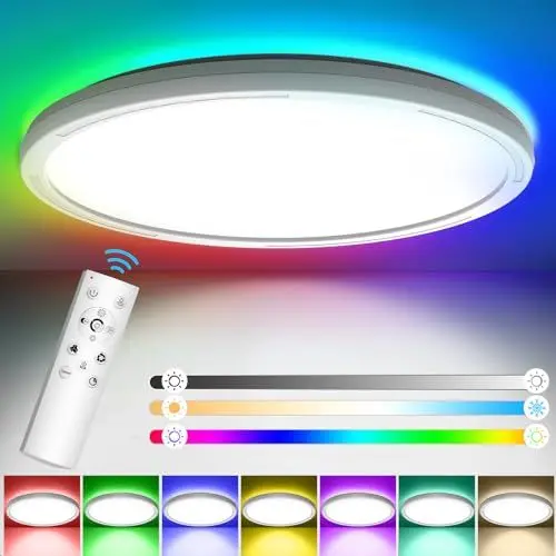 Produktbild: 24W LED Deckenleuchte Dimmbar mit Fernbedienung, 3200LM 3000K-6500K Deckenleuchte Dimmbar mit RGB Farbwechsel, IP44 Runde LED Deckenlampe Dimmbare für Schlafzimmer/Wohnzimmer/Badezimmer/Küche,Φ30CM