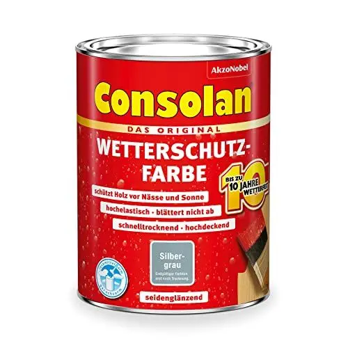 Produktbild: Consolan Wetterschutz-Farbe, Deckender Holzschutz für Außen, Silbergrau, 2,5L