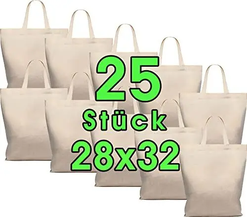 Produktbild: 25 STÜCK Baumwolltasche 28 x 32 cm - Jutebeutel mittel – Natur Apothekertasche, Tragetasche, Garn Beutel Geschenktasche ÖKO-TEX® geprüft Stofftasche unbedruckt, kurze Henkel zum bemalen und bedrucken