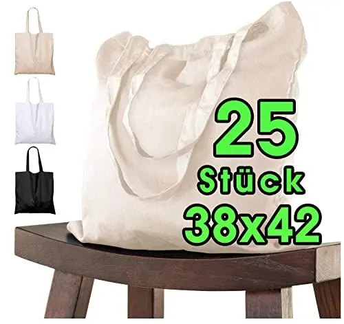 Produktbild: 25 STÜCK Baumwolltasche 38 x 42 cm unbedruckt lange Henkel Stofftasche Tragetasche Umhängebeutel Baumwollbeutel Jutebeutel ÖKO-TEX® geprüft Stoffbeutel Einkaufsbeutel Einkaufstasche leinentasche natur