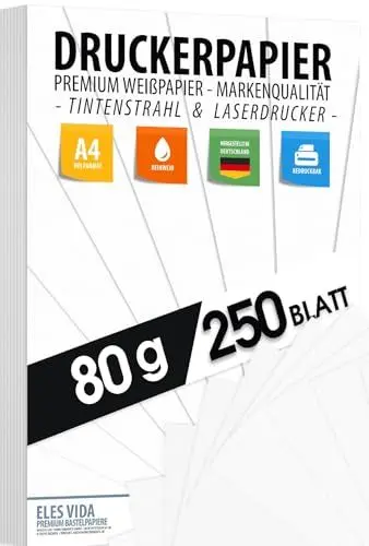 Produktbild: 250 BLATT Druckerpapier A4 80g weiß – PREMIUM PAPIER Reinweiß - DIN A4-21 x 29,7 cm - Kopierpapier, Laserdrucker & Tintenstrahl für Uni, Fotografie, Präsentationen, Basteln - Ideal für Kopiergeräte