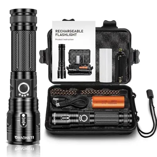 Produktbild: Taschenlampe Led Aufladbar 200000 Lumen, Led Taschenlampe Extrem Hell, XHP70 Wasserdicht taktische taschenlampe Batterie Betrieben, 5 Lichtmodi taschenlampen für Camping Wandern Notfälle (Black1)