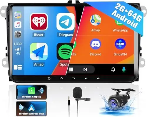 Produktbild: CAMECHO 2+64G Android 13 Autoradio Wireless Carplay mit Navi Für VW Passat B6 B7 Golf 5 6 Jetta T5 Polo Touran Caddy Sharan Seat 9 Zoll Auto Bluetooth Radio mit WiFi FM Android Auto Rückfahrkamera