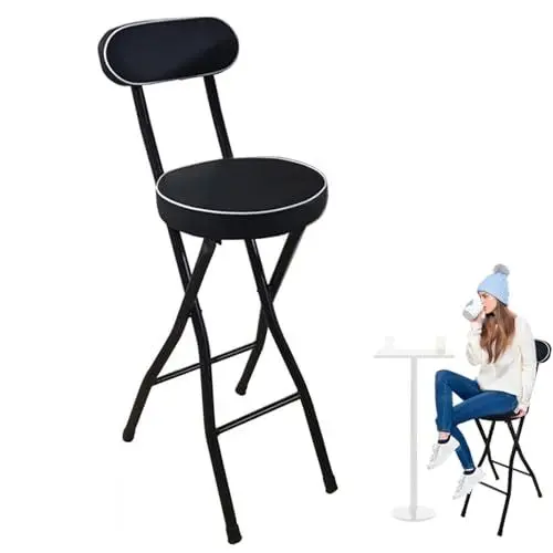 Produktbild: 26inch/65cm, Klappbarer Küchen Barhocker mit Rückenlehne, Runder Gepolsterter Frühstücksstuhl, Counter Höhe Schwarzer Barhocker für Zuhause Camping Büro
