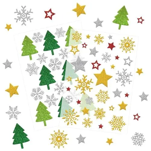 Produktbild: 270 Sticker Weihnachten Glitzer Aufkleber Stern Gold Schneeflocken Etiketten, Weihnachtsaufkleber Selbstklebend zum Basteln, Weihnachtssticker Kinder Weihnachtsdeko（10 Bogen）