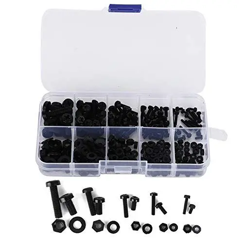 Produktbild: 270 Stück Nylon Schraube Mutter Set, M2/M2.5/M3/M4/M5 Nylon Sechskantmutter Kits Schraubenmutter-Unterlegscheiben Hardware-Befestigungselemente für (Schwarzer 270-teiliger