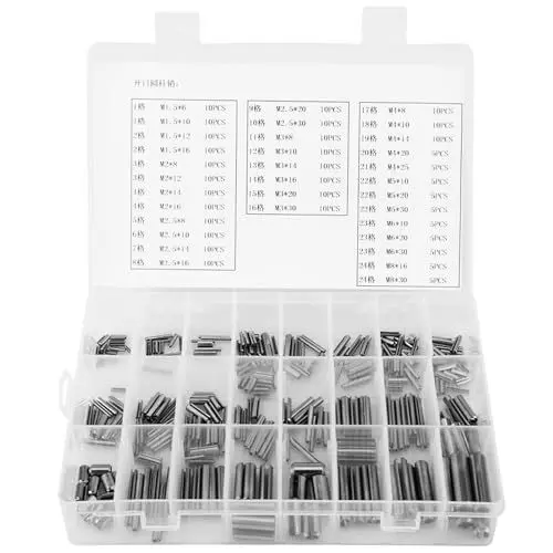 Produktbild: 280Stück Federstift aus Edelstahl, Satz Federspannstifte M1,5 M2 M2,5 M3 M4 M5 M6 M8 Geschlitzter Federstift mit Box Federdübel-Spannrollenstifte für die Reparatur von Geräten