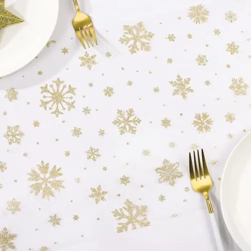 Produktbild: 28cm x 10Yards Schneeflocken Organza Tischläufer transparent Tischband Tischdeko Organzastoff Tischrolle Geschenk für Weihnachten Adventszeit Festliche Party Dekoration (Weiß Organza)