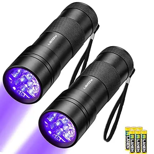 Produktbild: 2er Pack 12 LED 395nm Mini-UV-Taschenlampen mit Batterien - Haustier-Urin-Detektor, zur Fälschungserkennung, Banknoten, Dokumentenüberprüfung usw (Schwarz)