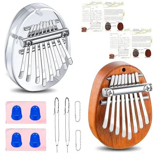Produktbild: 2er Pack Mini Kalimba Daumenklavier 8 Tasten Fingerklavier Professionelles Musikinstrument mit Lernanleitung Anhänger Schlüsselanhänger Zubehör Fingerschutz Geschenke für Kinder Erwachsene Anfänger