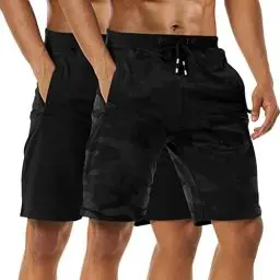 Produktbild: 2er Pack Shorts Herren Kurze Hosen Baumwolle Sommer Sport Shorts Jogginghose Kurz Männer Sporthose Kurz Freizeithose Trainingshose Fitnesshose Laufshorts Mit Reißverschlusstasch Black/Camo Black-3XL