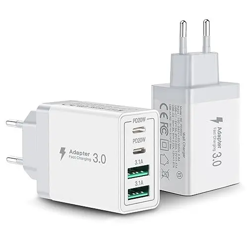 Produktbild: 2er Pack USB C Ladegerät, Aioneus 40W Schnellladegerät 4 Ports PD+QC Netzteil, Mehrfach USB C Power Adapter für iPhone 15 Plus 14 Pro Max 13 Pro 12 Mini 11 SE XS XR 8, Samsung, Handy