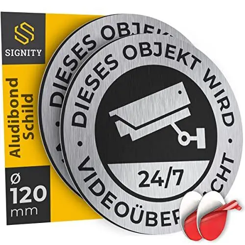 Produktbild: 2-er SIGNITY Alu Schild Videoüberwachung (fi 120mm klein) - Alu Warnschild Kamera Überwachung - ideal zur Kamera Attrappe - Aluminium Schild - Achtung Videoüberwachung für Privatgrundstück