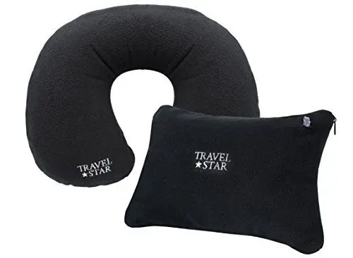 Produktbild: 2er Set: Aufblasbares Nackenhörnchen + Kissen mit Fleece-Bezug (Schwarz) (TS-N-4001)