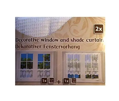Produktbild: 2er Set Gardine Vorhang 30 x 60 und 60 x 160 cm Weiss transparente Scheibengardine gesticktes Muster (Weiss 1)