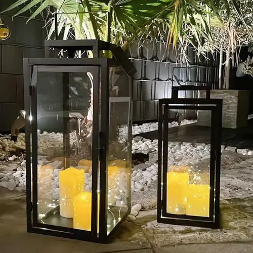 Produktbild: 2er Set Gartenlaterne Windlicht Laterne Laternen Metalllaterne Set Dekoration Außen Metall Schwarz H50/40cm
