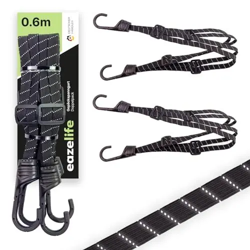 Produktbild: 2er Set Gepäck Spanngurt, 60cm, verstellbar, reflektierend, robust, Kratzschutz, schwarz, belastbare Expander Spanngummi für Fahrrad Gepäckträger & Motorrad