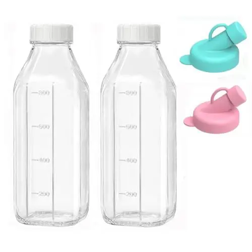 Produktbild: 2er Set Glasflaschen Mit Deckel 1 Liter, Glas-MilchbehäLter Für Den KüHlschrank Zur Aufbewahrung Von Frischer Milch, Luftdichtes, Transparentes Saftglas Mit 2 Silikonausgiessern (2 Set)
