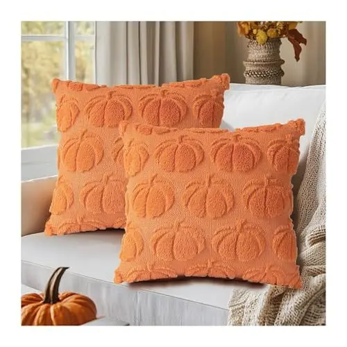 Produktbild: 2er Set Herbst Winter Kissenbezüge 45x45 cm Dekorative Kissenbezug Kürbismuster Kunstfellwolle Weicher Plüsch Kissenhülle Sofakissenbezug Stuhl Schlafzimmer Wohnzimmer Heimdekoration(Orange)