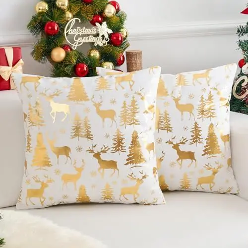 Produktbild: Dokeleen 2er Set Kissenbezug Samt Weiß Weihnachtliche Kissenbezüge 40x40 Weihnachts 40x40 Gold Elch Weihnachtsbaum Weihnachten Kissenhülle Zierkissenbezug