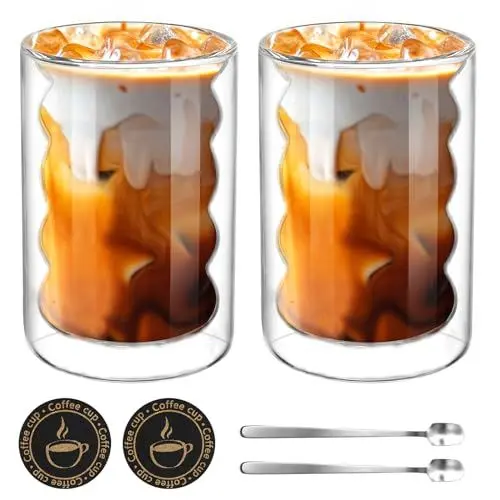 Produktbild: 2er Set Latte Macchiato GläSer,350ML Doppelwandige GläSer mit 2 Löffeln und 2 Untersetzern, ThermogläSer Doppelwandig aus Borosilikatglas für Cappuccino,Latte,Tee,EIS,Eistee,Iced Americano (2pcs)