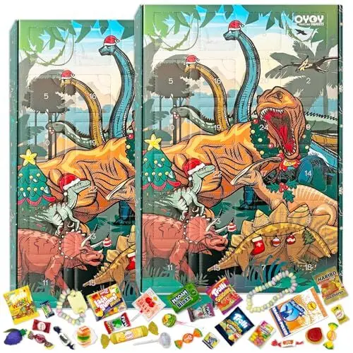 Produktbild: 2er Set OYOY Adventskalender 2024 Kinder I Dinosaurier Design I bunter Kinder Adventskalender Jungen I 24 unterschiedliche süße Überraschungen u.a. Fruchtgummi Brausen Kaubonbons Lollipops