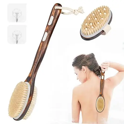 Produktbild: 2er Set Rückenbürste Badebürste Dusche Duschbürste Mit Langem Stiel, Körperbürste, Peelingbürste, Natürliche Borsten, Badebürste zum Entfernen Abgestorbener Haut, Cellulite, Verbessert Lymphfunktionen