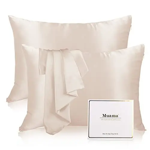 Produktbild: 2er Set Seidenkissenbezug 40x80, Muama Kissenbezug Seide Kopfkissenbezug 40 x 80 cm für Haar und Haut mit Reißverschluss, Silk Pillowcase 2 Stück, Beige