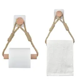 Produktbild: 2er Set Toilettenpapierhalter ohne Bohren, Vintage Handtuchhalter aus Seil und Holz, Selbstklebende WC Papier Halterung, Industriestil Bad Dekoration, Boho Design, Geeignet für Badezimmer