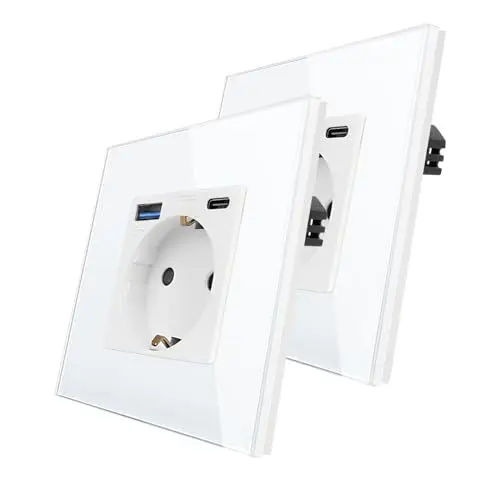 Produktbild: 2er-Pack CNBINGO Glas Steckdose mit USB Ports (Typ-C und Typ-A unterstützung 20W Schnellladen) - Einfach Steckdose Unterputz in Weiß - Schuko Schutzkontakt Wandsteckdose mit Glasrahmen