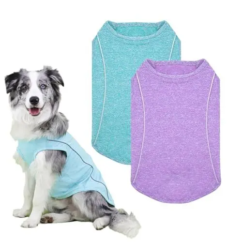Produktbild: 2er-Pack Hundeshirt mit Reflektorstreifen Athletisches Tank Top Hunde-T-Shirt Atmungsaktiv Dehnbar Ärmellos Hundeweste, Seeblau + Lila, XL