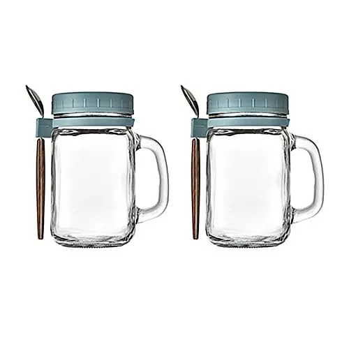 Produktbild: 2er-Pack Overnight-Oats-Gläser mit Griff und Löffel, 350-ml-Glasfrühstücks-Mason-Flasche, Salatbehälter, On-The-Go-Becher für Joghurt, Müsli, Milch(Grau)