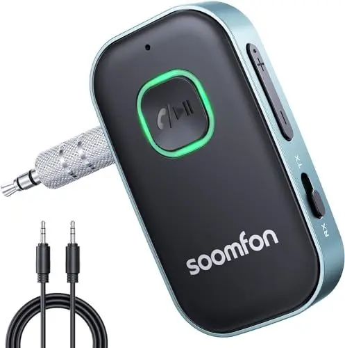 Produktbild: SOOMFON 2-in-1 Bluetooth 5.3 Transmitter Empfänger Klinke 3.5mm, Adapter 1 Auf 1, Drahtloser Splitter, Sender Receiver für Auto, TV, Fernseher, Kopfhörer, Stereoanlage